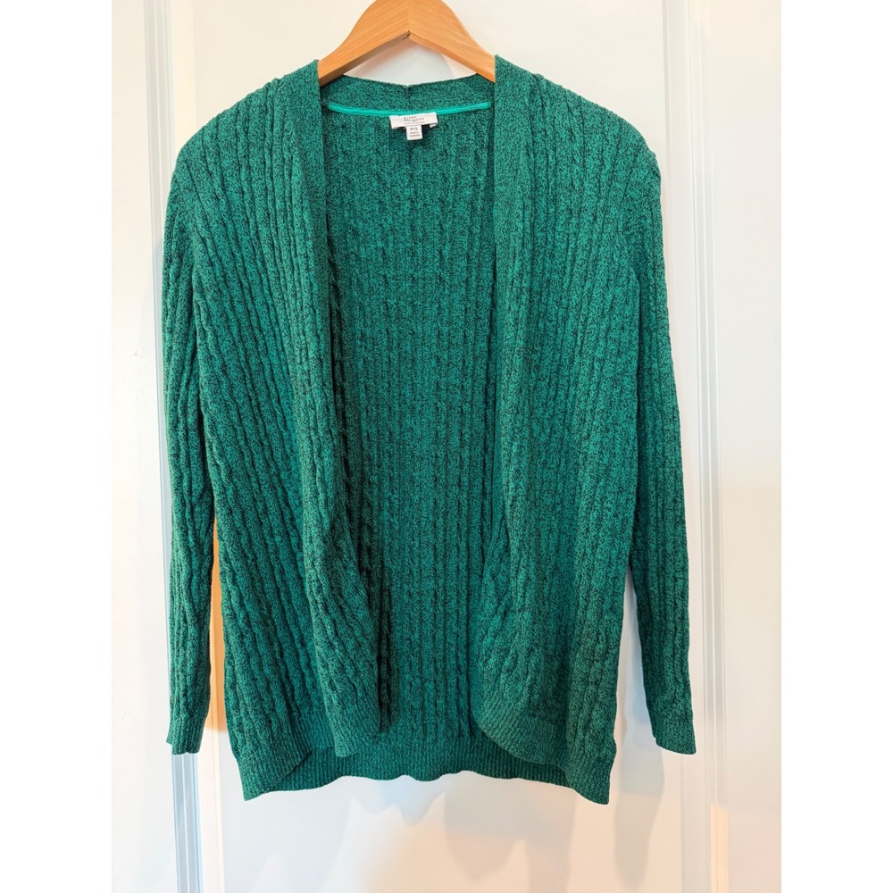 Kim Rogers Womens Petite Smal Green Marled Cable Knit Open Front Cardigan Cotton